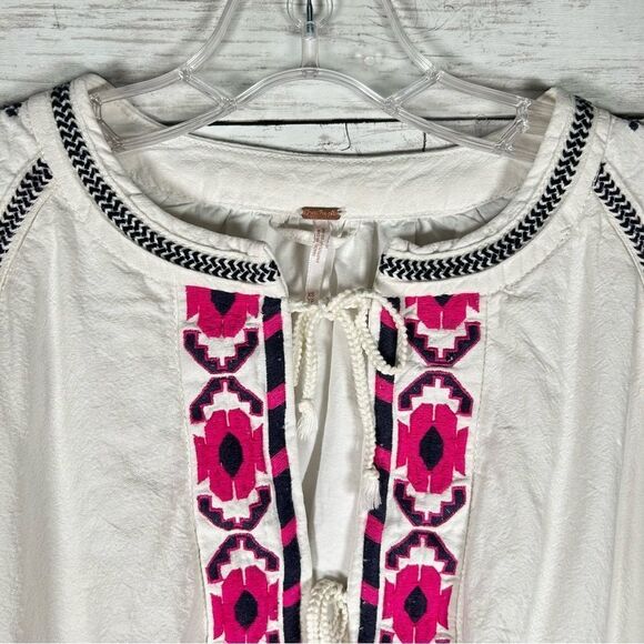 Free People Linen Cotton Bohemian Embroidered Balloon Sleeve Cropped Jacket XS - Picture 6 of 14